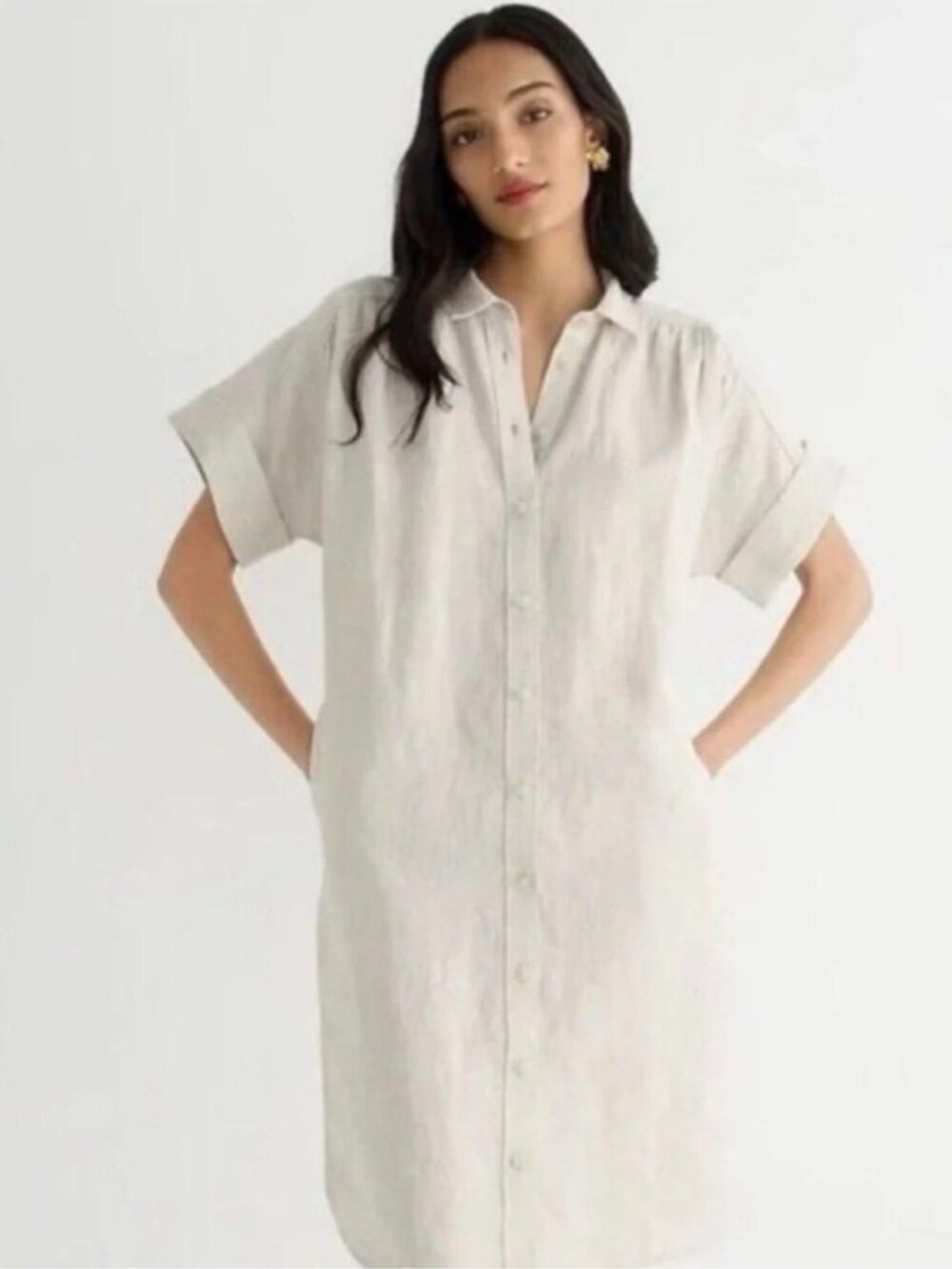 J. Crew Shirt Dress Size S Womans Off-White 100% Linen Short Sleeve Button Up